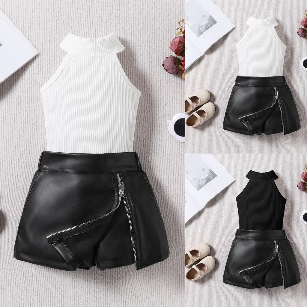 Новый летний полосатый жилет для девочек + шорты из искусственной кожи, юбка для маленьких и средних детей