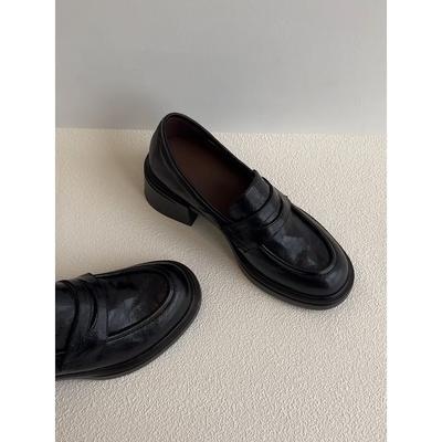 Версия из коровьей кожи~ толстоподошвенные туфли-лодочки на одной педали черные из маленькой кожи с круглым носком в стиле ретро для работы туфли-лоферы с глубоким вырезом на толстом каблуке одинарные женские