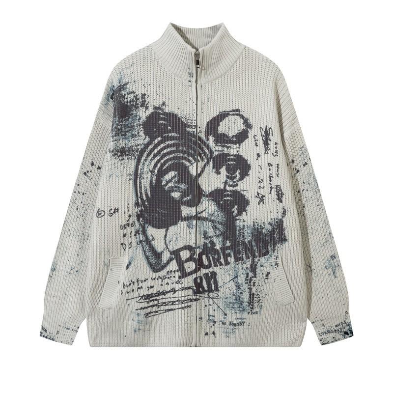 Unisex Oversized Knit Cardigan With Splatter Print Streetwear Style Fall Casual Wear