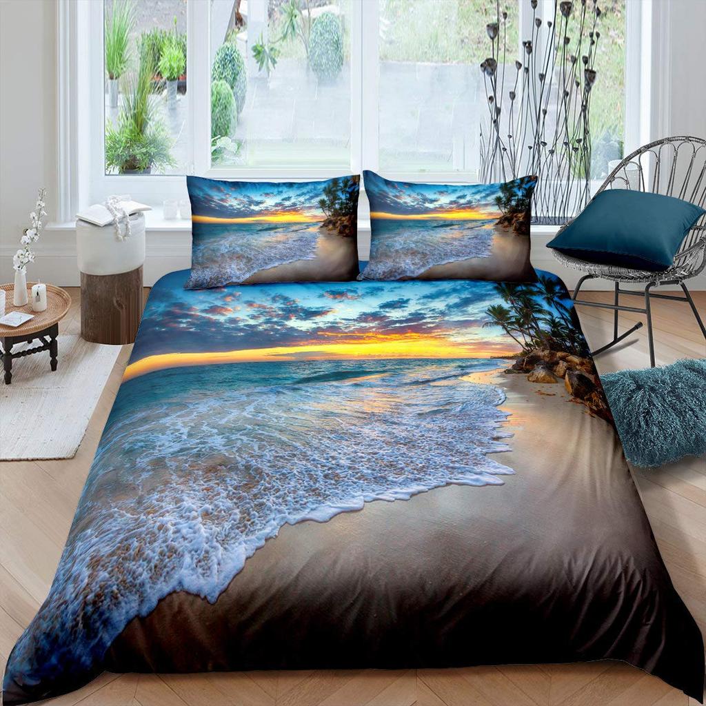 Summer Beach King Queen Duvet Cover Blue Ocean Fish Bedding Set Hawaiian Sea Palm Trees Quilt Cover Marine Life Comforter Cover