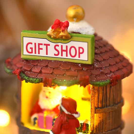 Christmas Winter Village House Ornaments Mini Light-up Christmas Shop with Santa Resin Desktop Figurine Holiday Home Decor