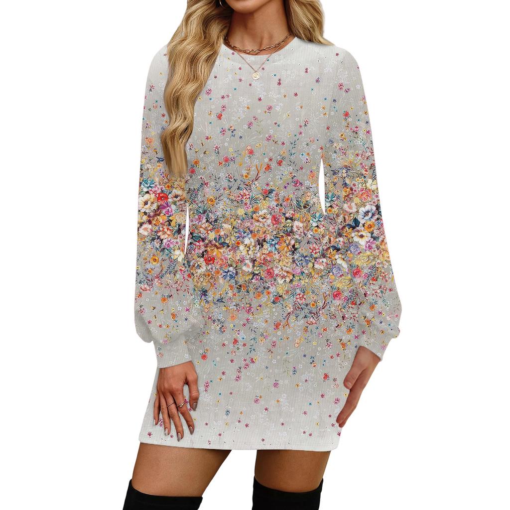 Женское модное повседневное платье с круглым вырезом и длинными рукавами