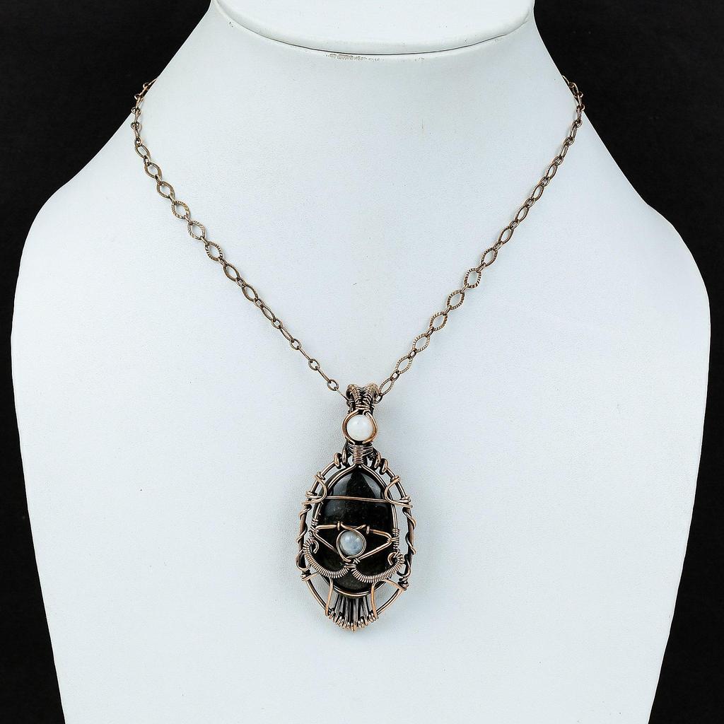 Серебряный кулон с блестящим обсидианом от сглаза, кулон с радужным лунным камнем, обернутый медной проволокой, ювелирные изделия из драгоценных камней, кулон ручной работы, подарок для него