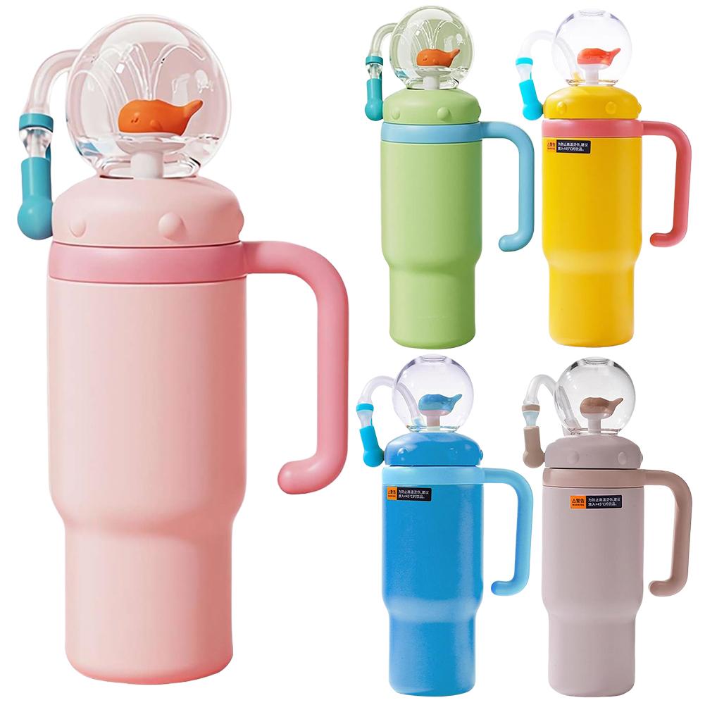 24oz Stainless Steel Whale Fountain Tumbler with Handle & Straw Whale Squirt Water Cup for Childs Teens and Adults Creative Gift