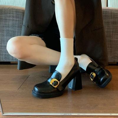 Женские лоферы в британском стиле с квадратным носком на высоком каблуке, слипоны - туфли Мэри Джейн из кожи на массивном каблуке для весны и осени