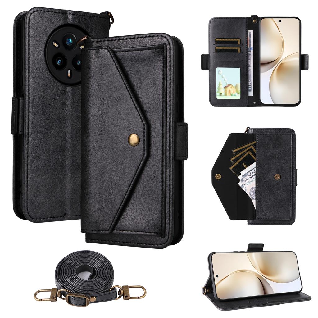 For Realme 14 Pro+ 5G Leather Case Magnetic Closure Wallet Stand Phone Cover with Crossbody Strap