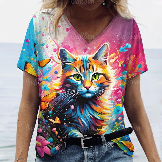 Летняя модная женская одежда с v-образным вырезом, большие размеры, футболки с короткими рукавами, женская повседневная футболка с принтом животных, трендовая милая блузка