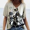 Women's T-shirt Cartoon Cat Print Summer V-neck Kawaii Fashionable Casual T-shirt Short Sleeved Shirt