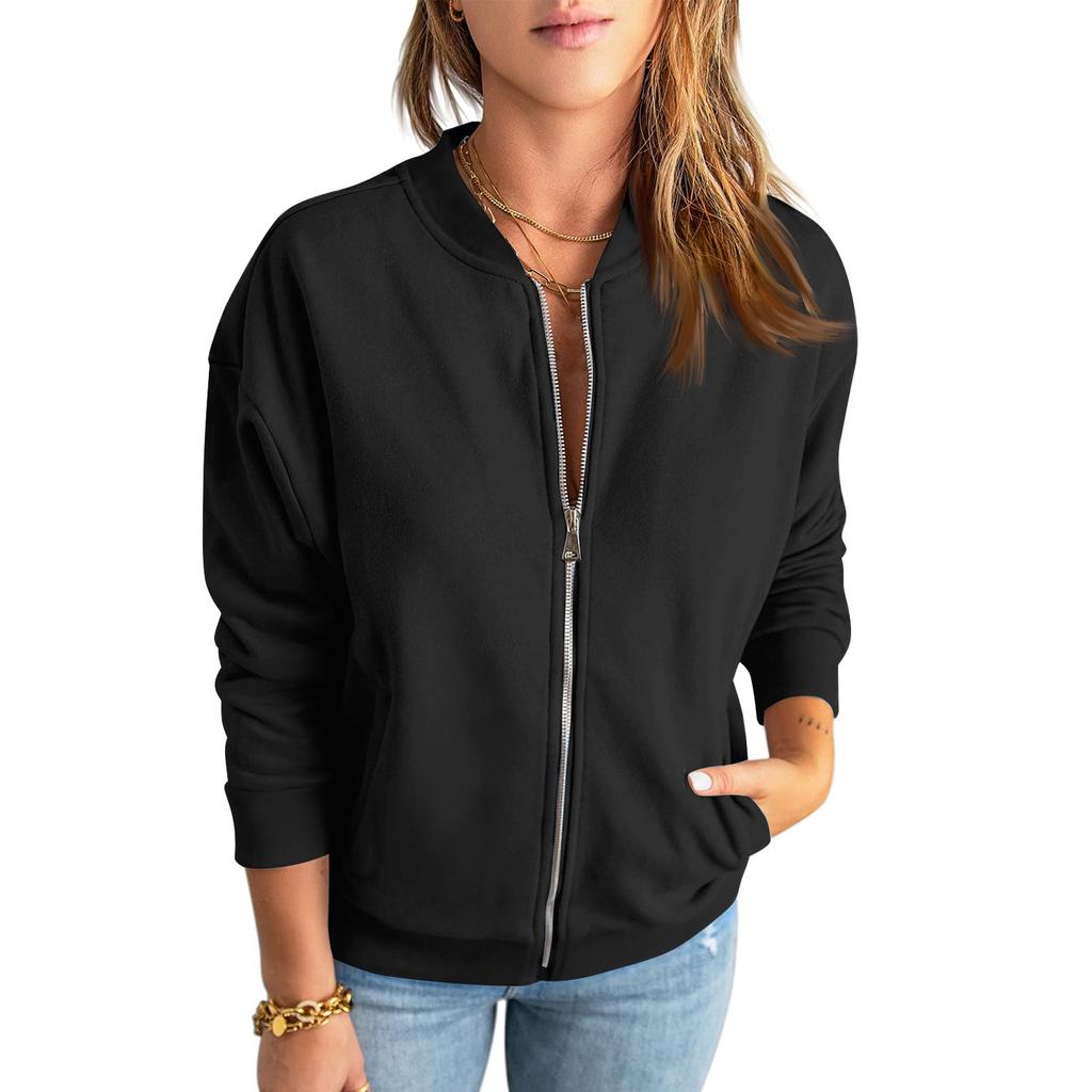 Women's Casual Sweatshirt Solid Color Zipper Jacket Long Sleeve Loose Coat With Pocket