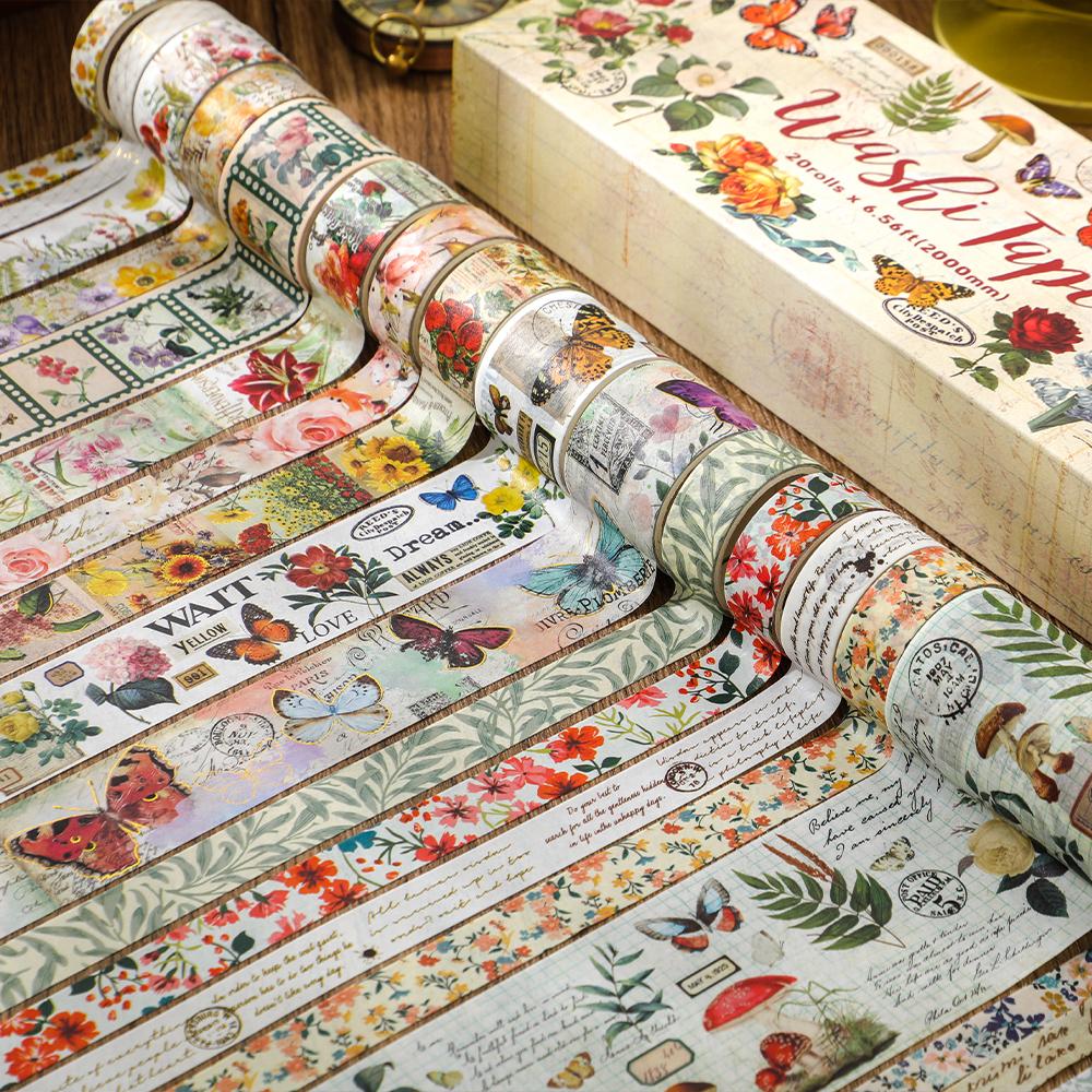 20 Rolls Vintage Washi Tape Set Butterfly Flower Plant Masking Tape 3 Rolls Bronzing Tape Scrapbooking Supplies