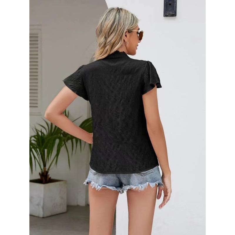Short Sleeved Cardigan Top Women's Lace Trim V-Neck Flutter Sleeve Blouse