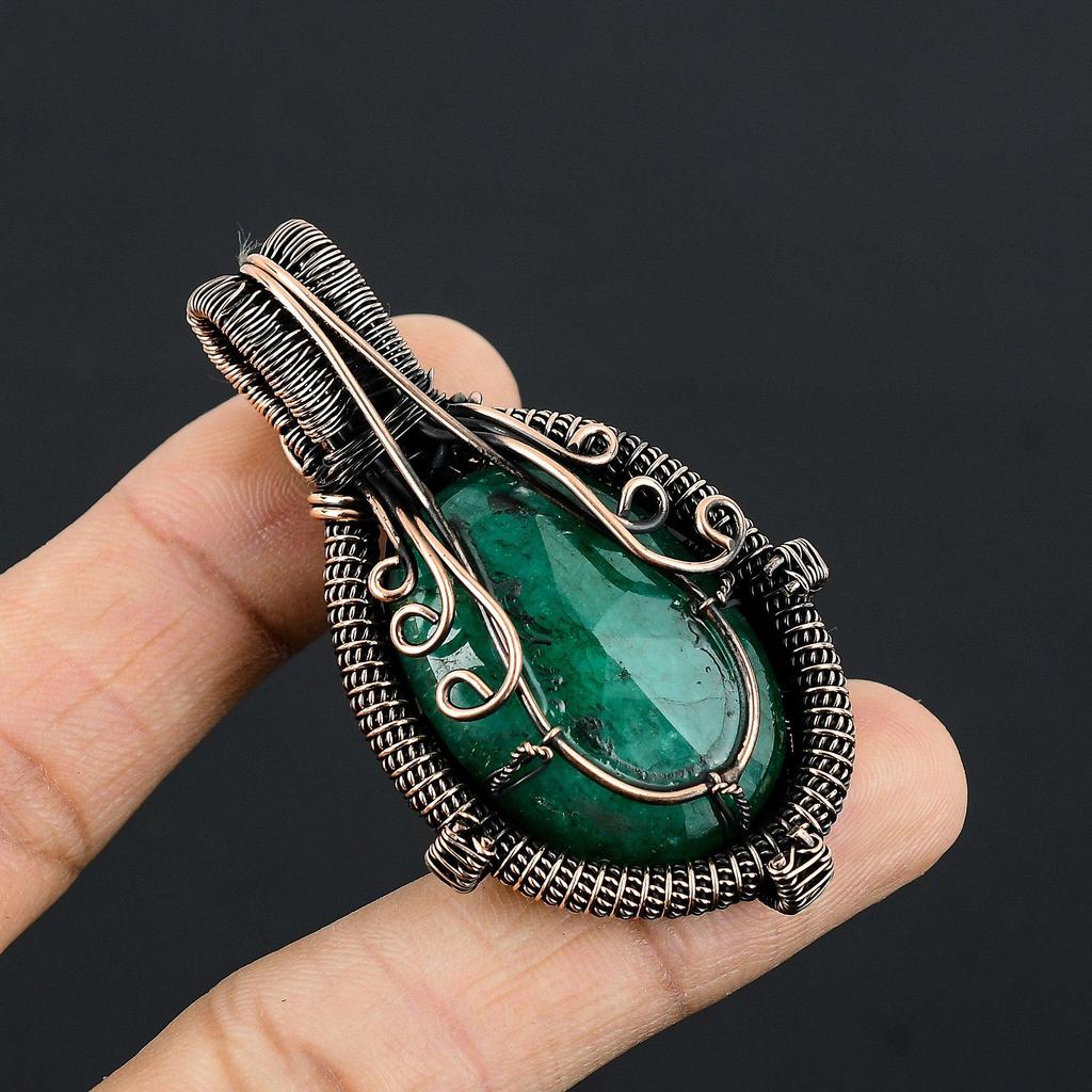 Emerald Pendant, 999 Copper Wire Wrapped Pendant Gemstone Jewelry, Handmade Pendant Amazing Jewelry, Gift For Her