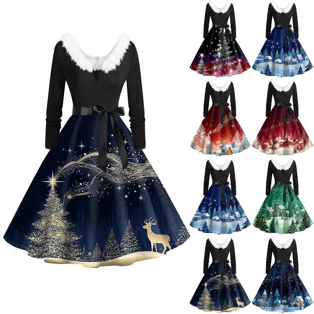 Женская мода с v-образным вырезом, повседневные тонкие рождественские платья с воротником из волос и длинными рукавами с принтом