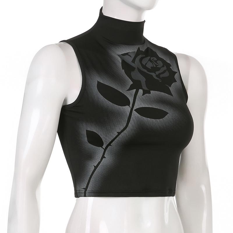 Черный укороченный топ с принтом розы, летняя готическая одежда Y2k, укороченный корсет, эстетичная водолазка без рукавов, белые майки с графическим рисунком