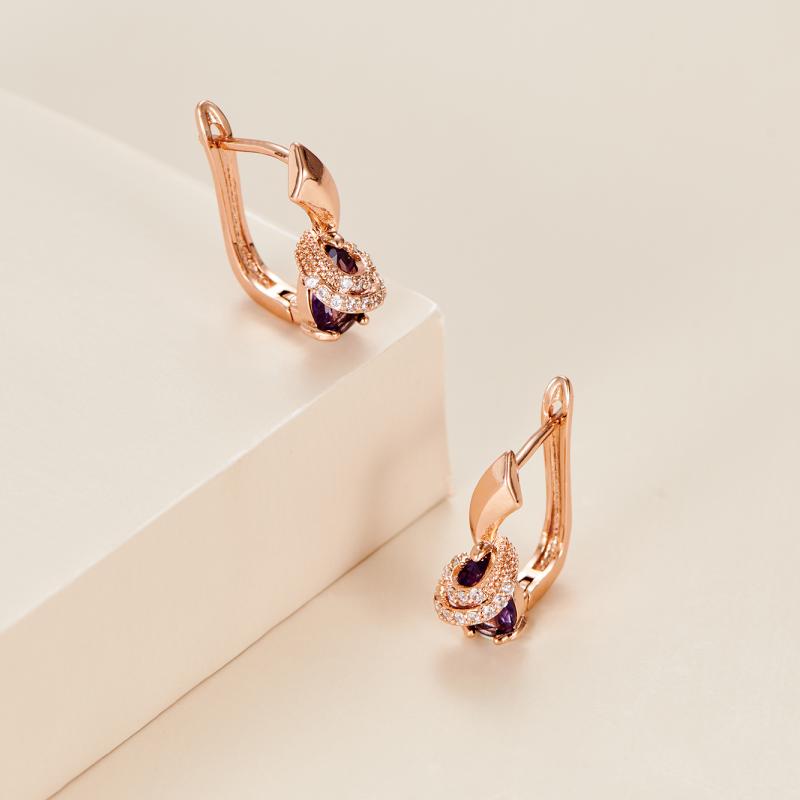 1 Pair Rose Gold Color Teardrop Cut Purple Stone Clip On Claw Earrings Drop Dangle Spiral Earrings Wedding Jewelry