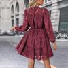 Women Autumn Winter Long Sleeve Print Elegant V-neck A-Line Mid-Length High Waist Dress