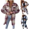 Women's Plaid Print Pocket Patch Patchwork Cardigans Open Front Long Sleeve Coat