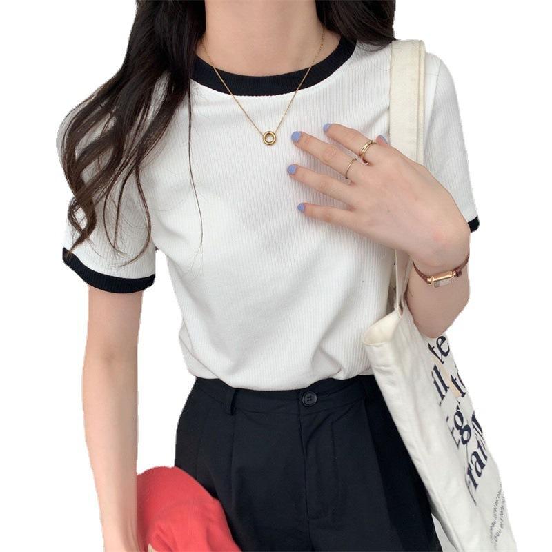 Women Summer Fashion Short Sleeve Round Collar Solid Color T Shirt Blouse Top