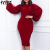 Women's Fashion Spring Fall Solid Color Print Long Sleeve POLO Neck High Waist Casual Dresses
