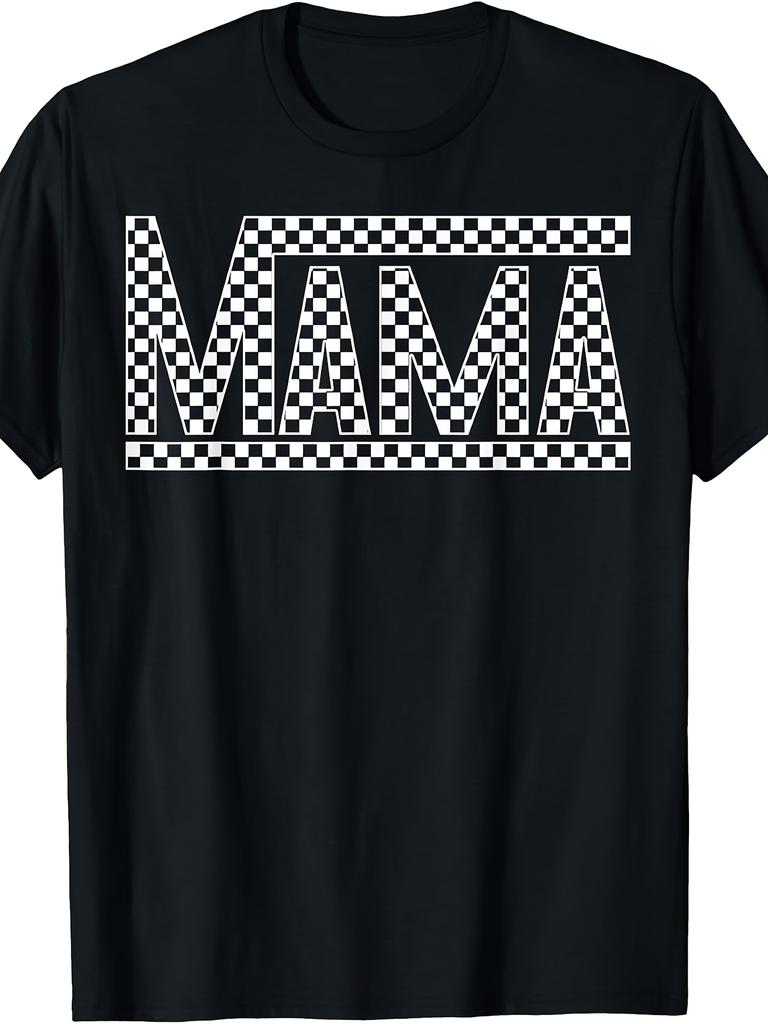 Checkered Mama Black White Funny Mother's Day TShirtRetro Casual Crew Neck Printed T-Shirt