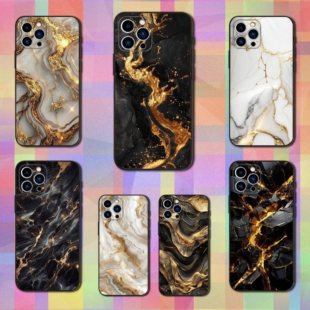 Black Gold Art Marble For iPhone 12,14,13,15,16,11,17,X,Mini,XR,SE,XS,Plus,Pro,Max,8,7,Soft Silicone Black Case