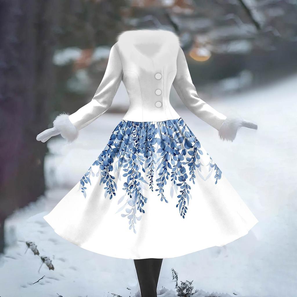 Women's Casual Dress Long-Sleeve V-Neck Patchwork Fleece Christmas Print Dress