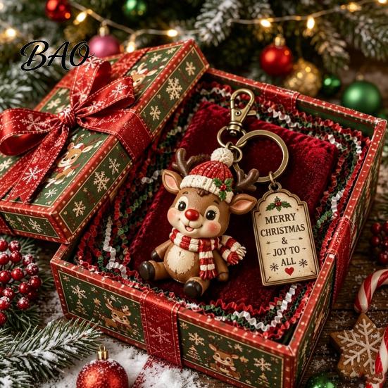 Holiday Keychain for Christmas with Gift Box, Cute Santa Claus Snowman Highland Cow Festive Accessories DIY Reindeer Bag Charm, Keyring Pendant, Gifts