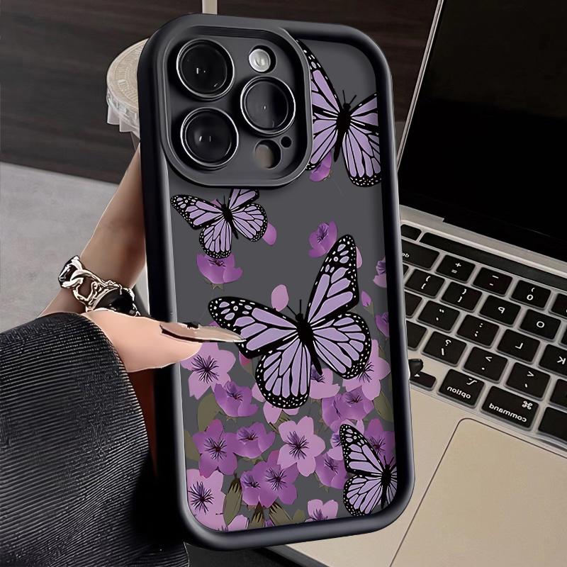 Funda de teléfono artística con mariposa morada para iPhone 16 15 14 13 12 11 SE Plus Pro Max, Silicone shockproof soft case