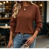 New Fall Winter Women's T-shirt, European American Style, Casual Solid Color, Ribbed Round Neck, Long Sleeve, Loose Fit