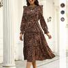 Temperament and Elegance Outer Wear Retro Women's Autumn and Winter Leopard Ruffle Long Sleeve Dress Medium Length