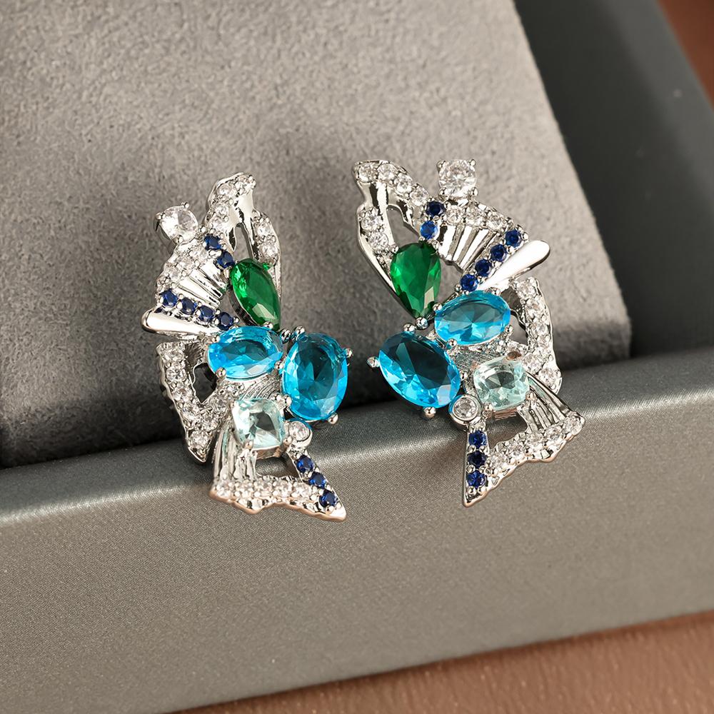 Green Zircon Blue Inlaid Light Crystal Butterfly Earrings For Women Fashion Stud Earrings Wedding Jewelry Birthday Gift