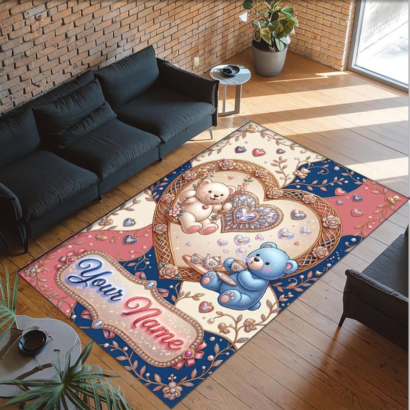 Teddy Bear Theme Crystal Velvet Rug Personalized Custom Name Text Soft Floor Mat Home Decor