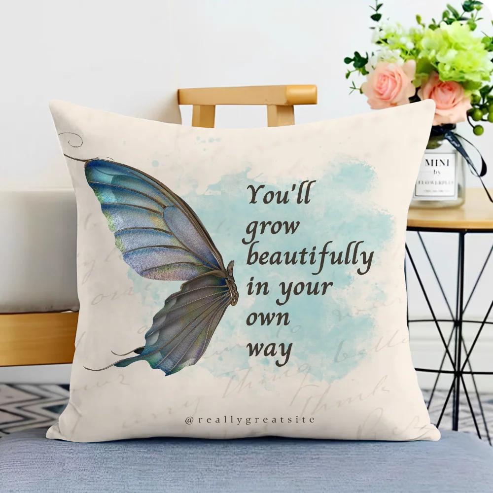 Cushions Cover 45*45 Floral Butterfly Inspiring Quote Duplex Printing Ornamental Pillows for Living Room Short Plush Pillowcase