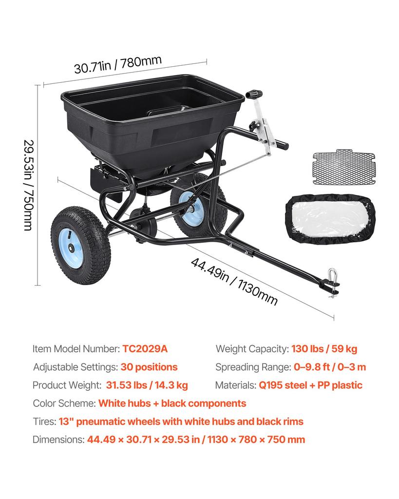 VEVOR Tow Behind Broadcast Spreader, 130LBS Capacity, Tow/Push Garden Spreader with 13 in Tires, 30 Adjustable Setting & 9.8 ft Spreading Width