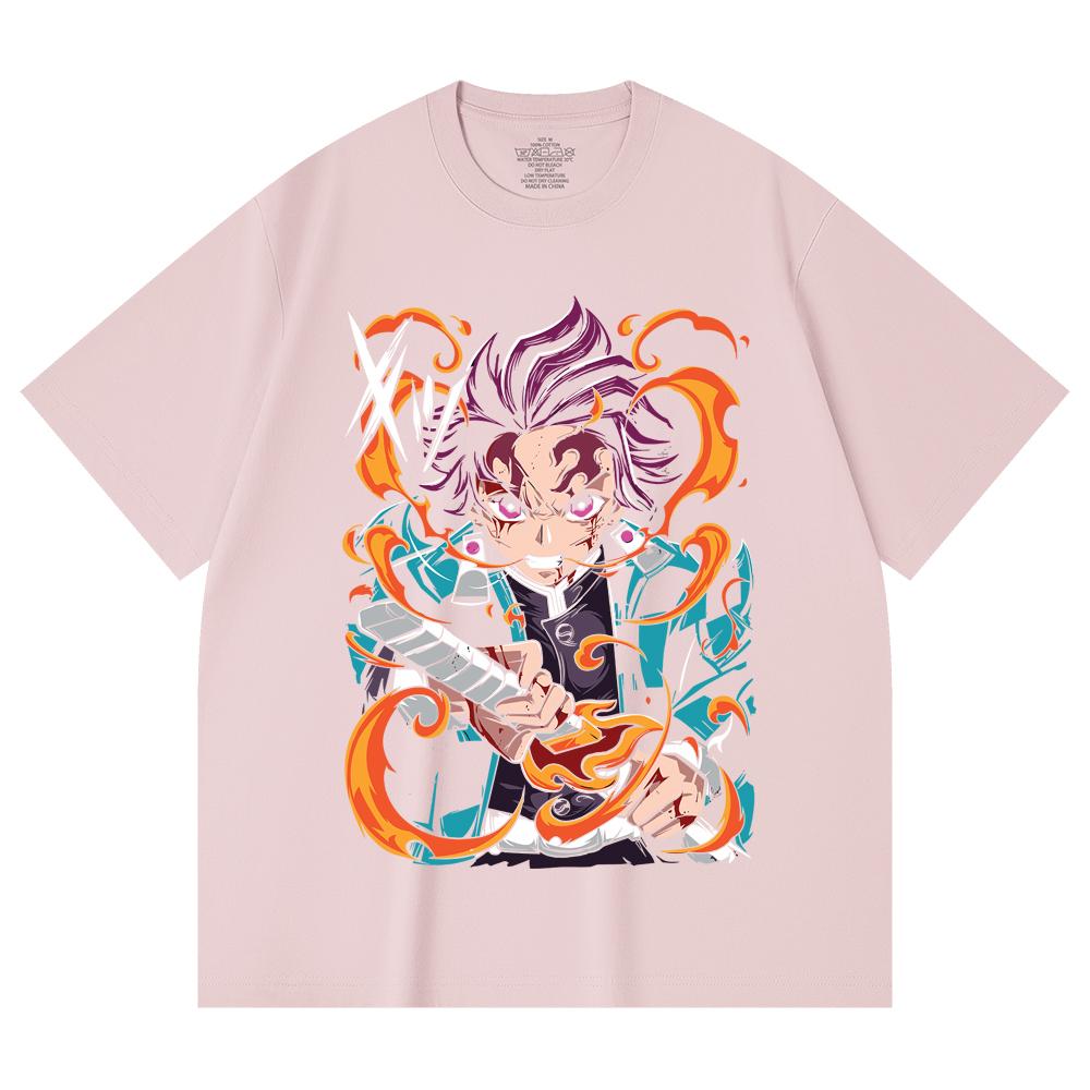 230 Gsm 100% Cotton Demon Slayer V64 Tanjiro Fire Breathing Print Unisex Heavy Cotton T Shirt