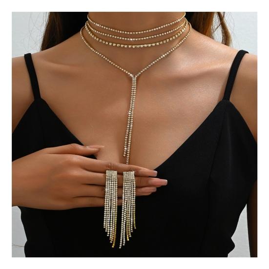 2 Pcs/Set Women Necklace Earrings Set for Formal Banquet And Prom Multi-layered Tassel Rhinestone Adjustable Chain Wedding Bride