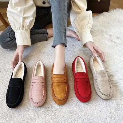 Мода 2025 Зимняя Женская Обувь Нескользящая Подошва Теплые Женские Оксфорды Лоферы Удобные Балетки Короткий Велюр Швы Повседневные Лоферы