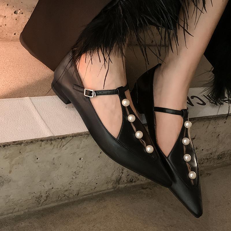 Туфли Мэри Джейн с острым носком и плоским дном Xiaoxiangfeng, женские, с полым Т-образным вырезом и толстым каблуком, туфли на низком каблуке, одинарные туфли