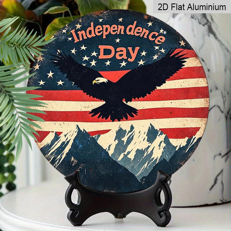 2D Flat, 1pc Independence Day Patriotic Decor Aluminum Metal Sign with American Flag, Eagle, And Mountain Pattern - Red, White, And Blue Independence