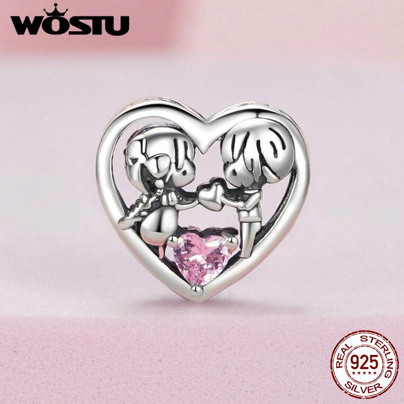 WOSTU 925 Sterling Silver Lovely Little Boy & Girl Charm Beads For Women Fit Original Charms DIY Necklae Birthday Jewelry Gift