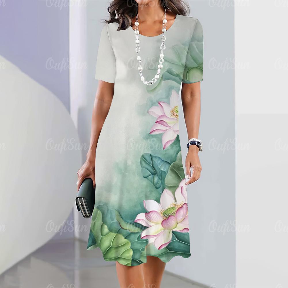 Beautiful Womens Dresses 3d Flowers Print Woman Clothing Casual A-Line Skirt Oversized O-Neck Tops Summer Elegant Women Dress