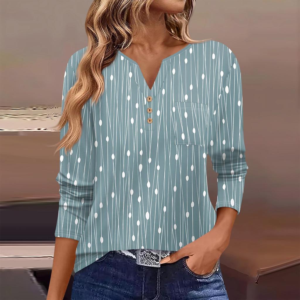 Женская футболка с длинным рукавом на пуговицах, повседневная, выходного дня, модная, базовая, с V-образным вырезом, обычная, с карманом