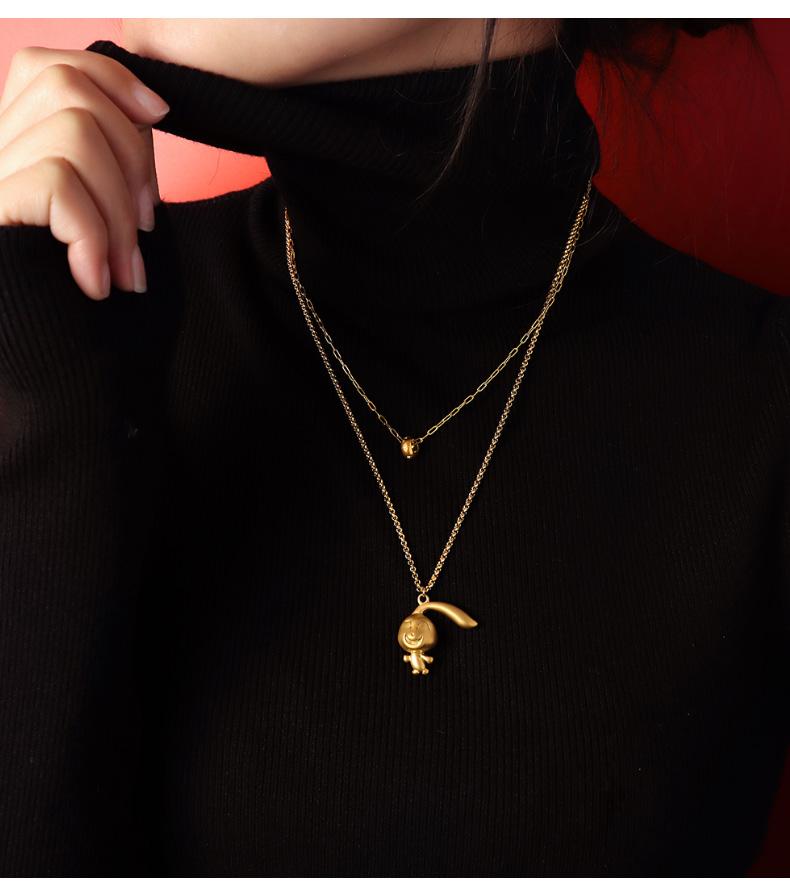 Cartoon Rabbit Pendant Double Layered Wearing Zircon Necklace for Women Winter Sweater Chain Titanium Steel Ornaments