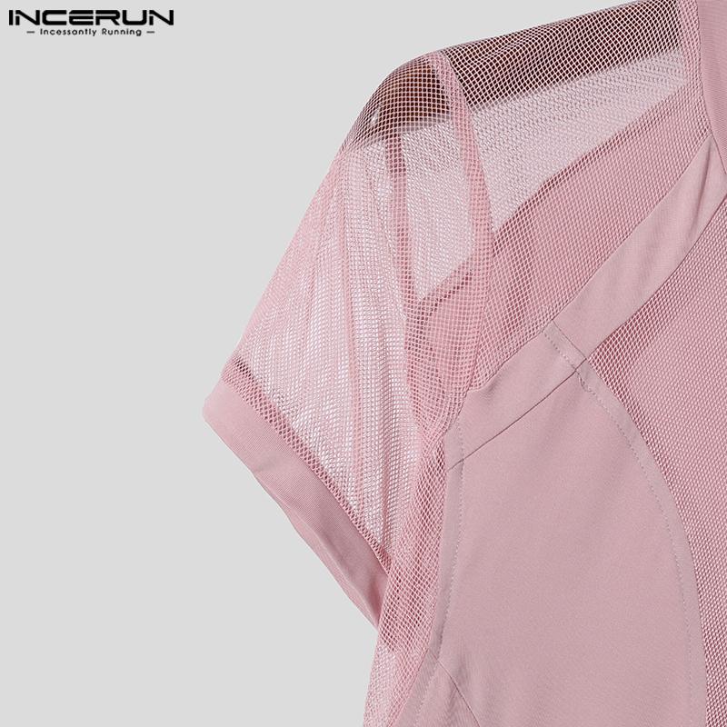 INCERUN Мужская летняя сетчатая футболка с коротким рукавом, лоскутная одежда для вечеринок и клубов
