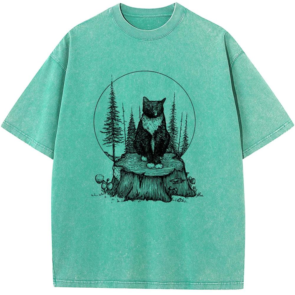 Футболка мужская стираная Forest Cat, летняя хлопковая отбеленная футболка, топы, винтажные свободные отбеленные футболки