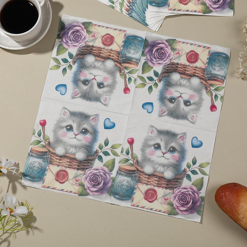 20pcs Printed Napkins Cute Cat Decoration Holiday Party High-end Hotel Restaurant Virgin Wood Pulp Square Napkins