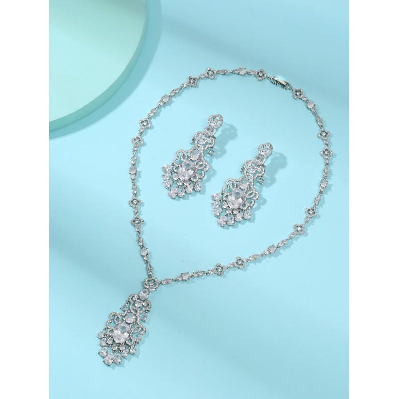 Elegant Zircon Flower Drop Earring Necklace Set Women Wedding Evening Party Daily Wear