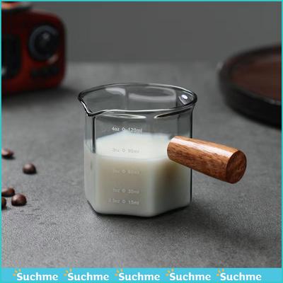 120 мл Жаростойкий Стеклянный Мерный Стакан для Эспрессо со Шкалой Молочник с Одним Носиком и Деревянной Ручкой Кружка для Смешивания Латте Кофе