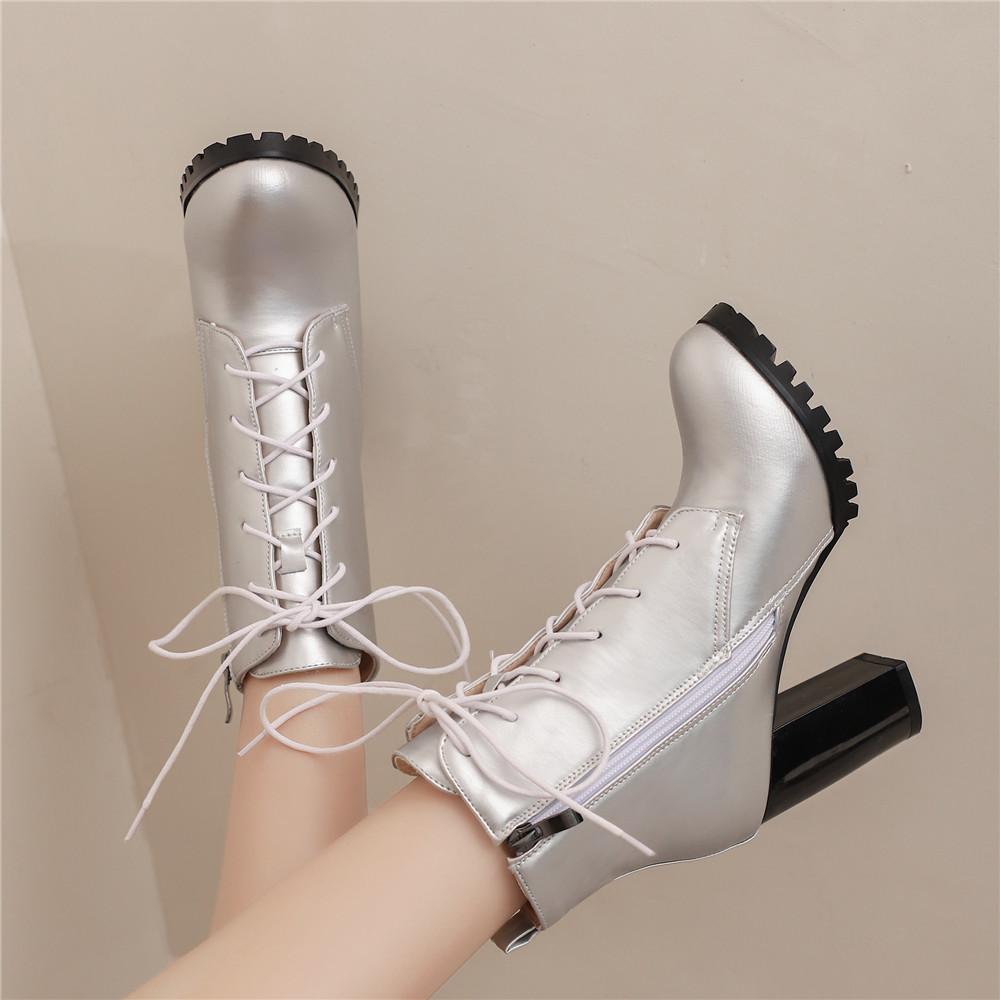 Мода Мода Ботильоны для женщин Зимняя обувь Блок Высокий каблук Шнуровка Женские короткие ботинки Черный Белый Серебристый Большой размер 45 46 47 48