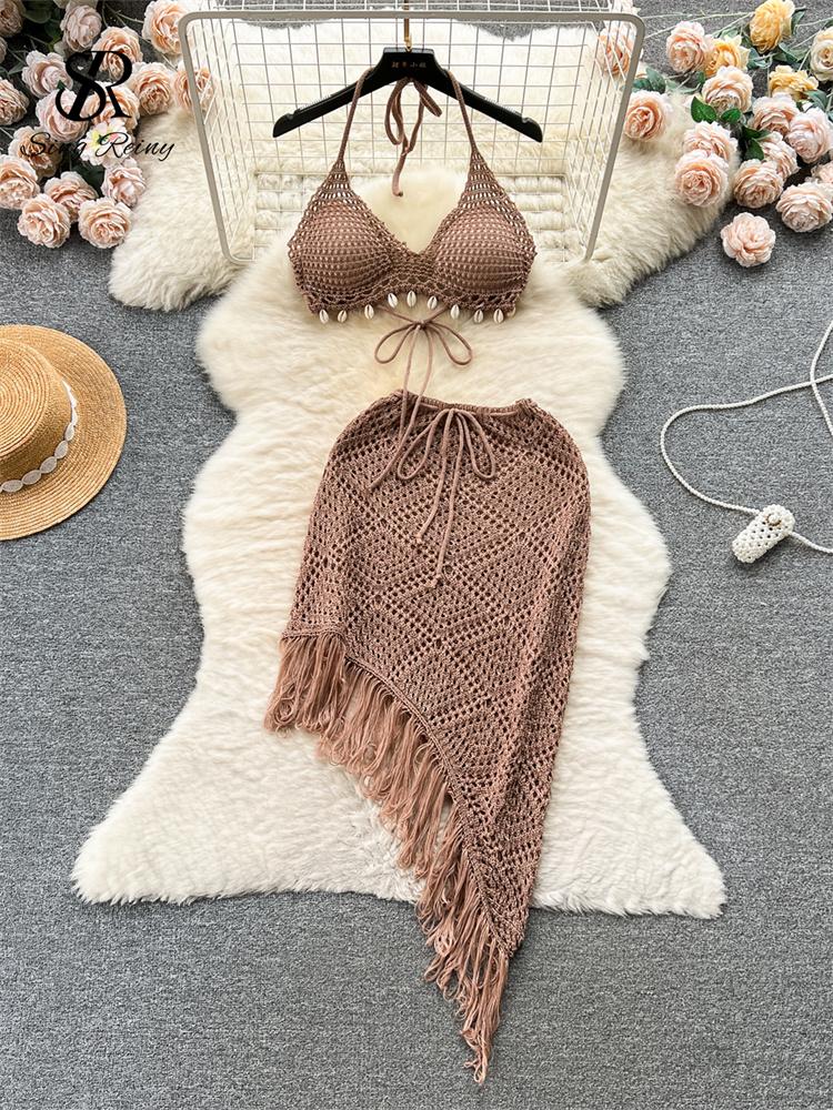 Summer Vacation Sexy Suits Strapless Halter Backless Bikini Set Drawstring Tassel Skirt Women Beach Knitted Fashion Two Pieces Suits